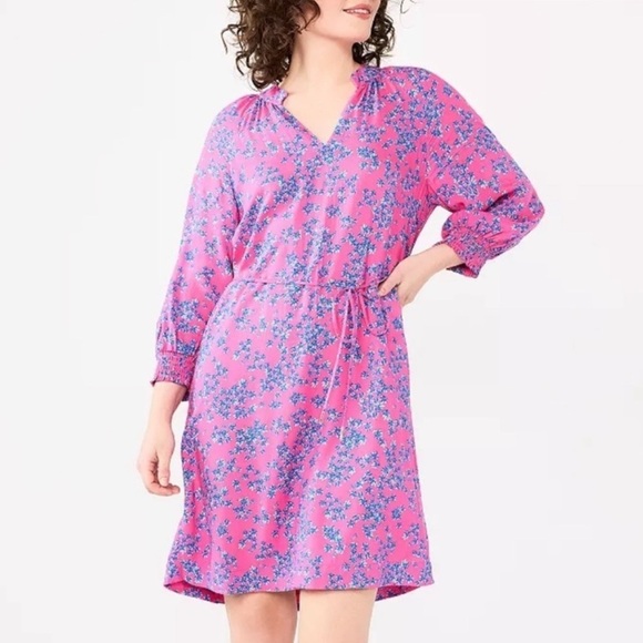 Draper James RSVL Floral Smocked Sleeve V Neck Pink Blue Mini Dress Women Size S - Picture 1 of 7